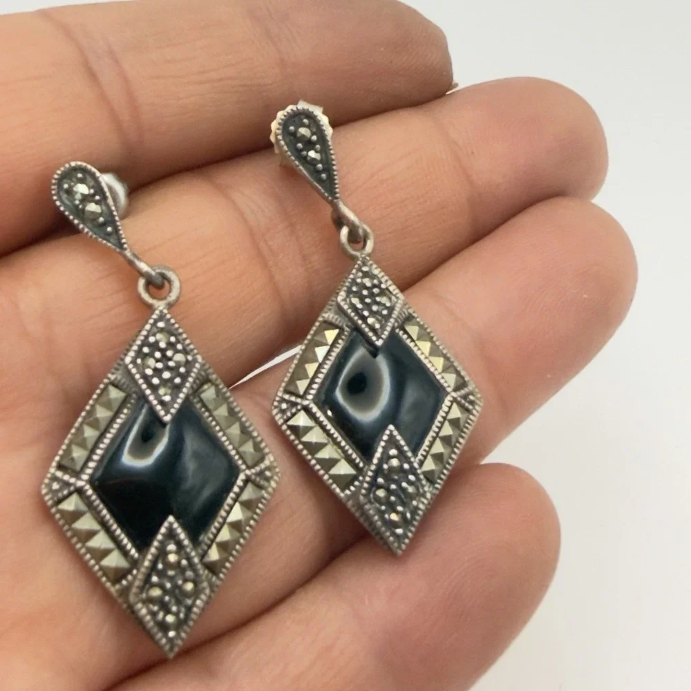 Vintage Art Deco Sterling Silver 925 Onyx Marcasite Dangle Earrings